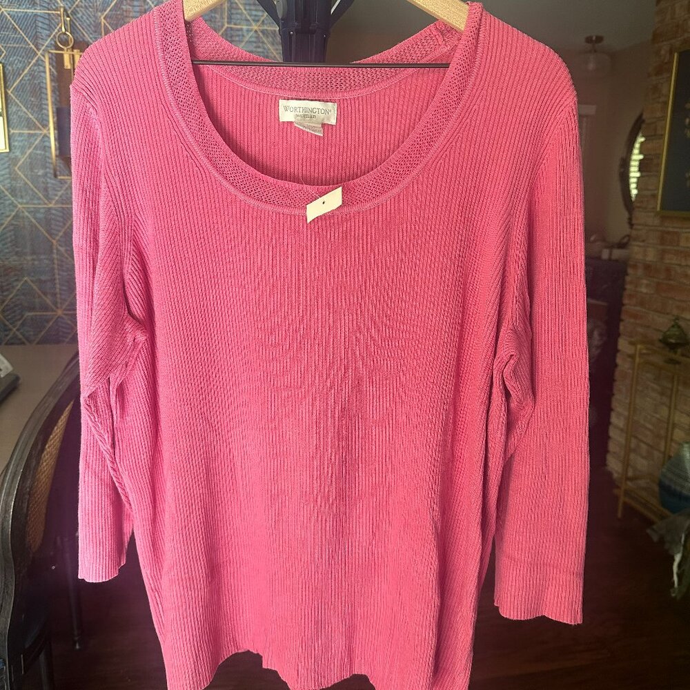 Worthington Sweater Stretch Pink 3/4 Sleeve Lightweight Rayon/Nylon Blend 3X NWT
